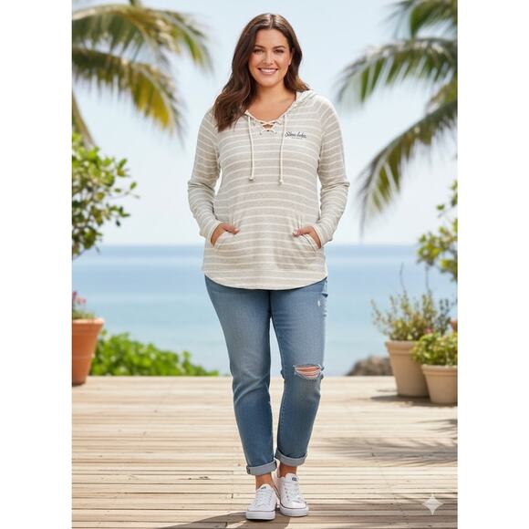 Blue 84 Striped Lace-up V-Neck Lightweight Hoodie Pullover 2X McCall Idaho - Picture 1 of 7